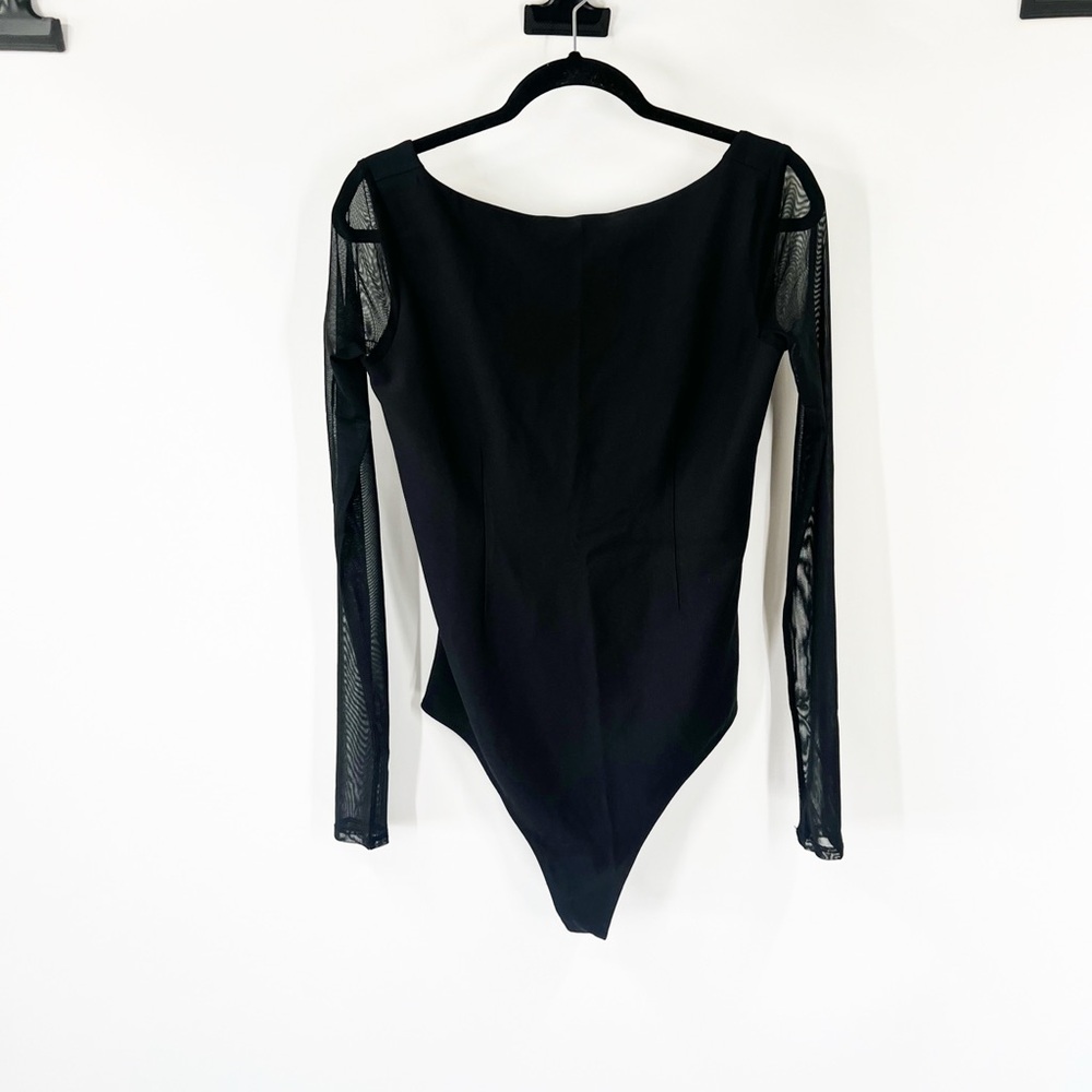 Abercrombie & Fitch High Neck Low Cut Back Bodysuit Mesh Sleeves Black NWT